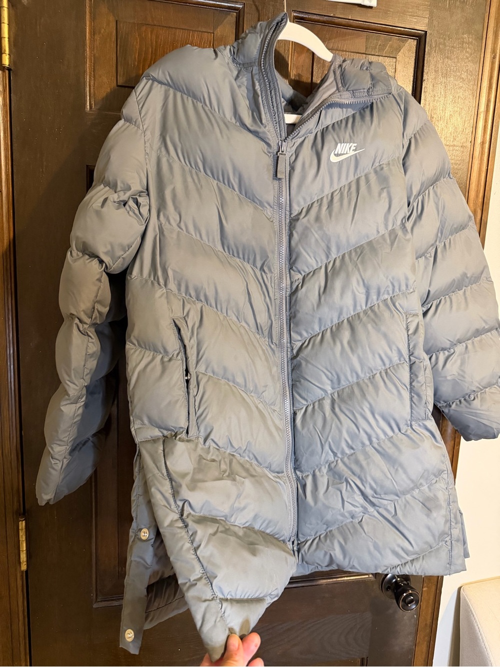 Nike Therma-FIT Down Puffer Parka Jacket Kids XL Gray Hooded Coat